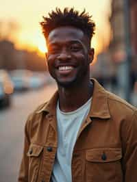 headshot of smiling man wearing casual clothes posing for dating app headshot. outdoor blurry background. the lighting is warm, possibly from a setting sun, creating a soft glow around him, enhancing the casual and relaxed vibe of the image. the setting seems to be outdoors, likely in an urban environment, with the blurred background hinting at a street or park-like area. this image likely portrays a youthful, active, and approachable individual, possibly in a lifestyle or fashion-related context.