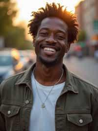 headshot of smiling man wearing casual clothes posing for dating app headshot. outdoor blurry background. the lighting is warm, possibly from a setting sun, creating a soft glow around him, enhancing the casual and relaxed vibe of the image. the setting seems to be outdoors, likely in an urban environment, with the blurred background hinting at a street or park-like area. this image likely portrays a youthful, active, and approachable individual, possibly in a lifestyle or fashion-related context.