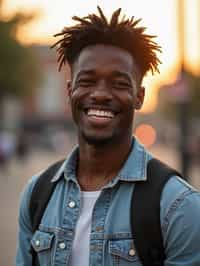 headshot of smiling man wearing casual clothes posing for dating app headshot. outdoor blurry background. the lighting is warm, possibly from a setting sun, creating a soft glow around him, enhancing the casual and relaxed vibe of the image. the setting seems to be outdoors, likely in an urban environment, with the blurred background hinting at a street or park-like area. this image likely portrays a youthful, active, and approachable individual, possibly in a lifestyle or fashion-related context.