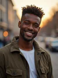 headshot of smiling man wearing casual clothes posing for dating app headshot. outdoor blurry background. the lighting is warm, possibly from a setting sun, creating a soft glow around him, enhancing the casual and relaxed vibe of the image. the setting seems to be outdoors, likely in an urban environment, with the blurred background hinting at a street or park-like area. this image likely portrays a youthful, active, and approachable individual, possibly in a lifestyle or fashion-related context.