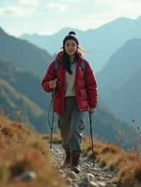 an adventurous  feminine woman hiking in the mountains