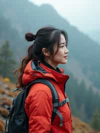 an adventurous  feminine woman hiking in the mountains