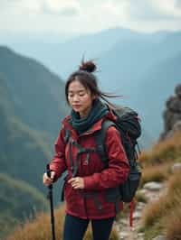 an adventurous  feminine woman hiking in the mountains