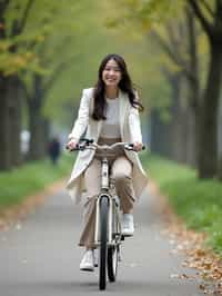 a stylish  feminine woman enjoying a leisurely bike ride along a scenic path