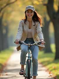 a stylish  feminine woman enjoying a leisurely bike ride along a scenic path