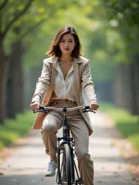 a stylish  feminine woman enjoying a leisurely bike ride along a scenic path