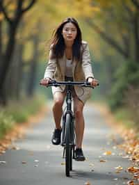 a stylish  feminine woman enjoying a leisurely bike ride along a scenic path