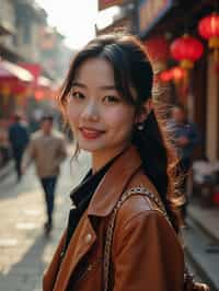 a charismatic  feminine woman exploring a street market