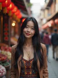 a charismatic  feminine woman exploring a street market