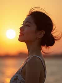 feminine woman enjoying a sunset at a beach or park