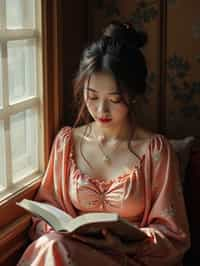 feminine woman reading a book in a cozy home environment