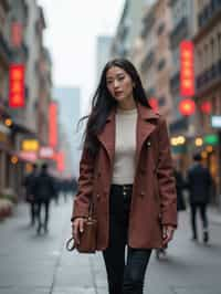 feminine woman taking a casual stroll through a cityscape