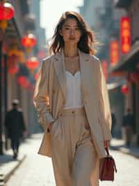 feminine woman taking a casual stroll through a cityscape