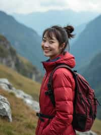 feminine woman in going hiking outdoors in mountains