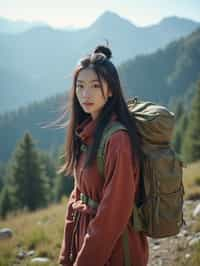 feminine woman in going hiking outdoors in mountains