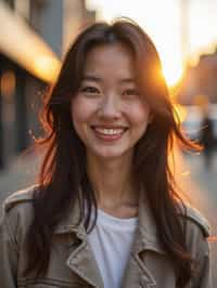 headshot of smiling woman wearing casual clothes posing for dating app headshot. outdoor blurry background. the lighting is warm, possibly from a setting sun, creating a soft glow around him, enhancing the casual and relaxed vibe of the image. the setting seems to be outdoors, likely in an urban environment, with the blurred background hinting at a street or park-like area. this image likely portrays a youthful, active, and approachable individual, possibly in a lifestyle or fashion-related context.