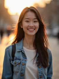 headshot of smiling woman wearing casual clothes posing for dating app headshot. outdoor blurry background. the lighting is warm, possibly from a setting sun, creating a soft glow around him, enhancing the casual and relaxed vibe of the image. the setting seems to be outdoors, likely in an urban environment, with the blurred background hinting at a street or park-like area. this image likely portrays a youthful, active, and approachable individual, possibly in a lifestyle or fashion-related context.