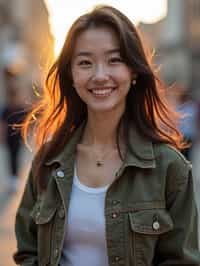 headshot of smiling woman wearing casual clothes posing for dating app headshot. outdoor blurry background. the lighting is warm, possibly from a setting sun, creating a soft glow around him, enhancing the casual and relaxed vibe of the image. the setting seems to be outdoors, likely in an urban environment, with the blurred background hinting at a street or park-like area. this image likely portrays a youthful, active, and approachable individual, possibly in a lifestyle or fashion-related context.