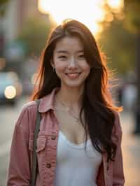 headshot of smiling woman wearing casual clothes posing for dating app headshot. outdoor blurry background. the lighting is warm, possibly from a setting sun, creating a soft glow around him, enhancing the casual and relaxed vibe of the image. the setting seems to be outdoors, likely in an urban environment, with the blurred background hinting at a street or park-like area. this image likely portrays a youthful, active, and approachable individual, possibly in a lifestyle or fashion-related context.