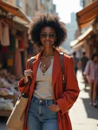 a stylish  feminine woman exploring a street market