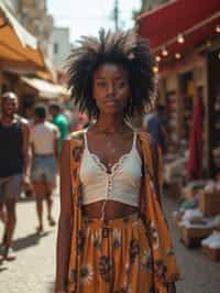 a stylish  feminine woman exploring a street market