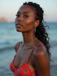 a captivating  feminine woman enjoying a peaceful moment by the waterfront