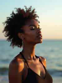 a captivating  feminine woman enjoying a peaceful moment by the waterfront