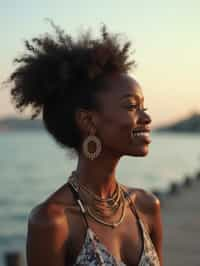 a captivating  feminine woman enjoying a peaceful moment by the waterfront