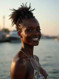 a captivating  feminine woman enjoying a peaceful moment by the waterfront