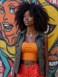 a fashionable  feminine woman posing in front of street art