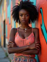 a fashionable  feminine woman posing in front of street art