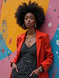 a fashionable  feminine woman posing in front of street art