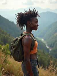 an adventurous  feminine woman hiking in the mountains