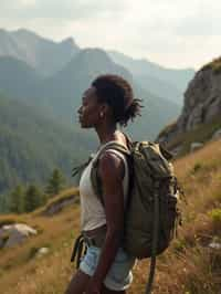 an adventurous  feminine woman hiking in the mountains