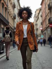 a confident  feminine woman exploring a bustling city street