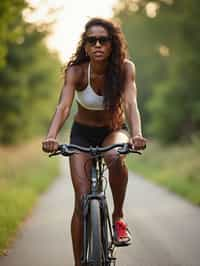 a stylish  feminine woman enjoying a leisurely bike ride along a scenic path