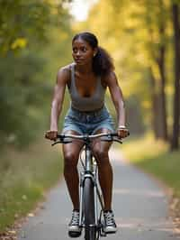 a stylish  feminine woman enjoying a leisurely bike ride along a scenic path