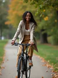 a stylish  feminine woman enjoying a leisurely bike ride along a scenic path