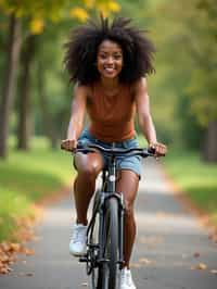 a stylish  feminine woman enjoying a leisurely bike ride along a scenic path