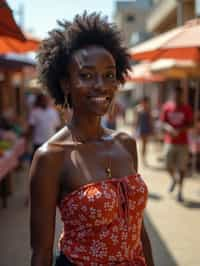 a charismatic  feminine woman exploring a street market