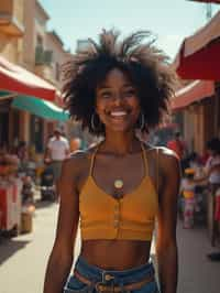 a charismatic  feminine woman exploring a street market