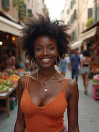 a charismatic  feminine woman exploring a street market