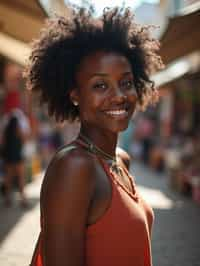 a charismatic  feminine woman exploring a street market