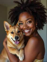 feminine woman posing with a cute pet