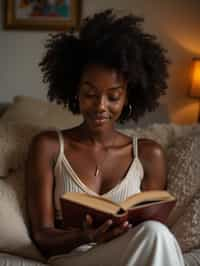 feminine woman reading a book in a cozy home environment