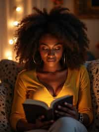 feminine woman reading a book in a cozy home environment