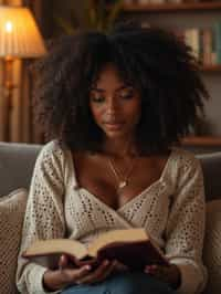 feminine woman reading a book in a cozy home environment