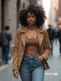 feminine woman taking a casual stroll through a cityscape