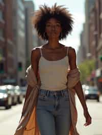 feminine woman taking a casual stroll through a cityscape