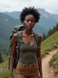 feminine woman in going hiking outdoors in mountains